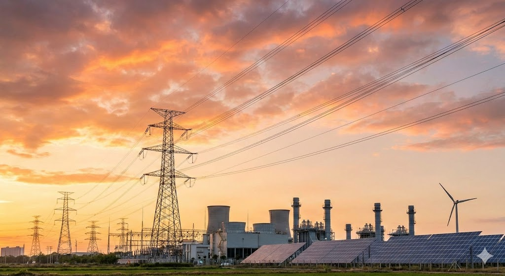 Power infrastructure at sunset