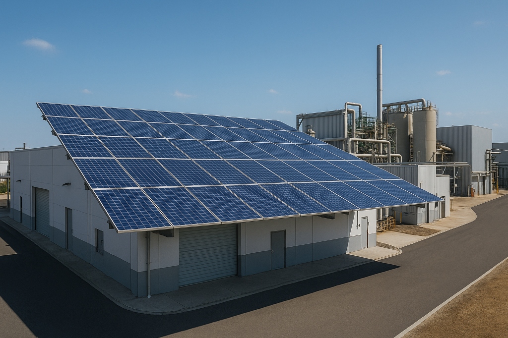 Industrial facility with tilted solar panel installation